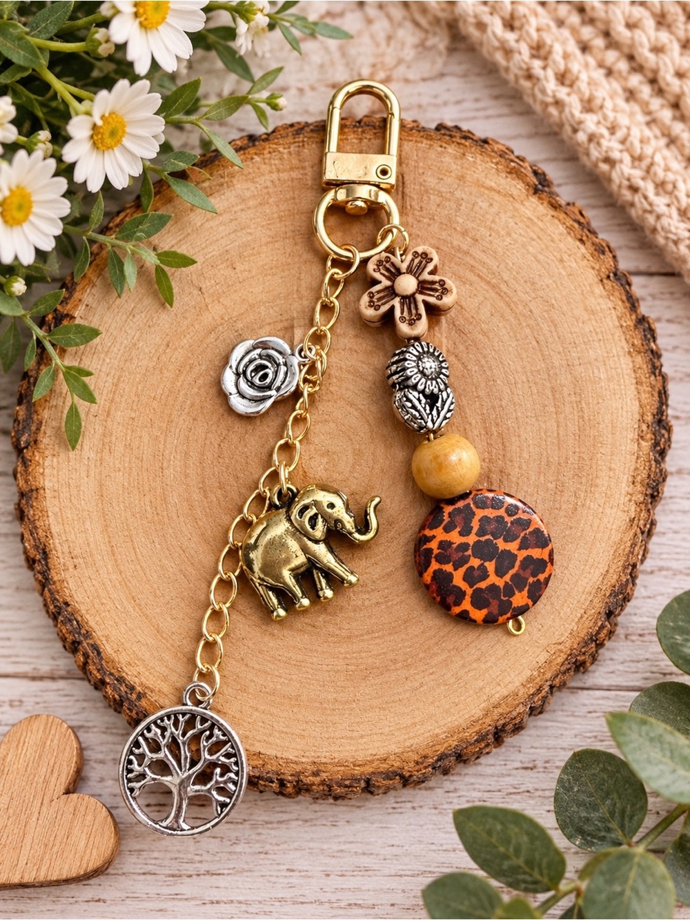 Gold Elephant and Leopard Print Charm Keychain - Women Accessories
